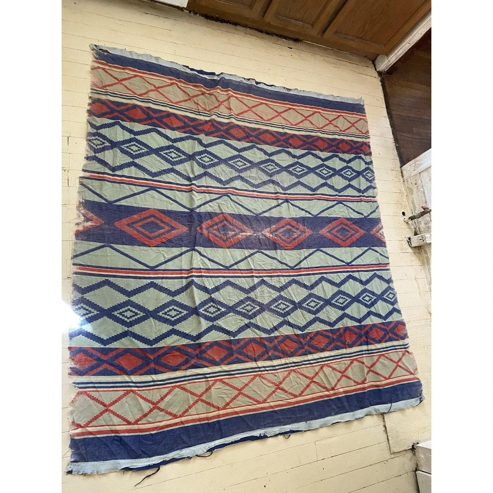 Vintage 30s 40s Cotton Camp Blanket Aztec Native Design Beacon? 76x69 Distressed